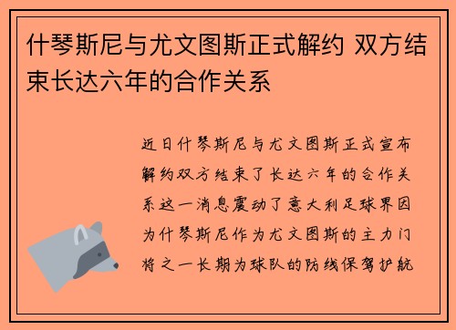 什琴斯尼与尤文图斯正式解约 双方结束长达六年的合作关系 什琴斯尼与尤文图斯正式解约 双方结束长达六年的合作关系